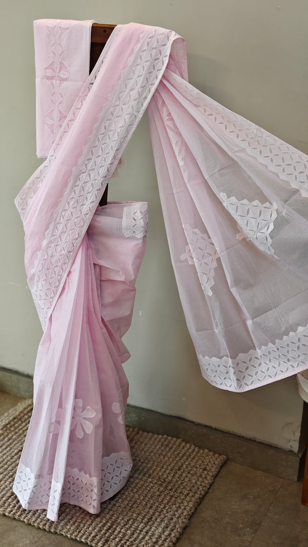 Baby pink - cotton applique on organdy saree