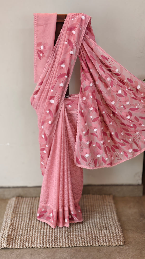 Pink organza saree - tepchi embroidery and printed pallu