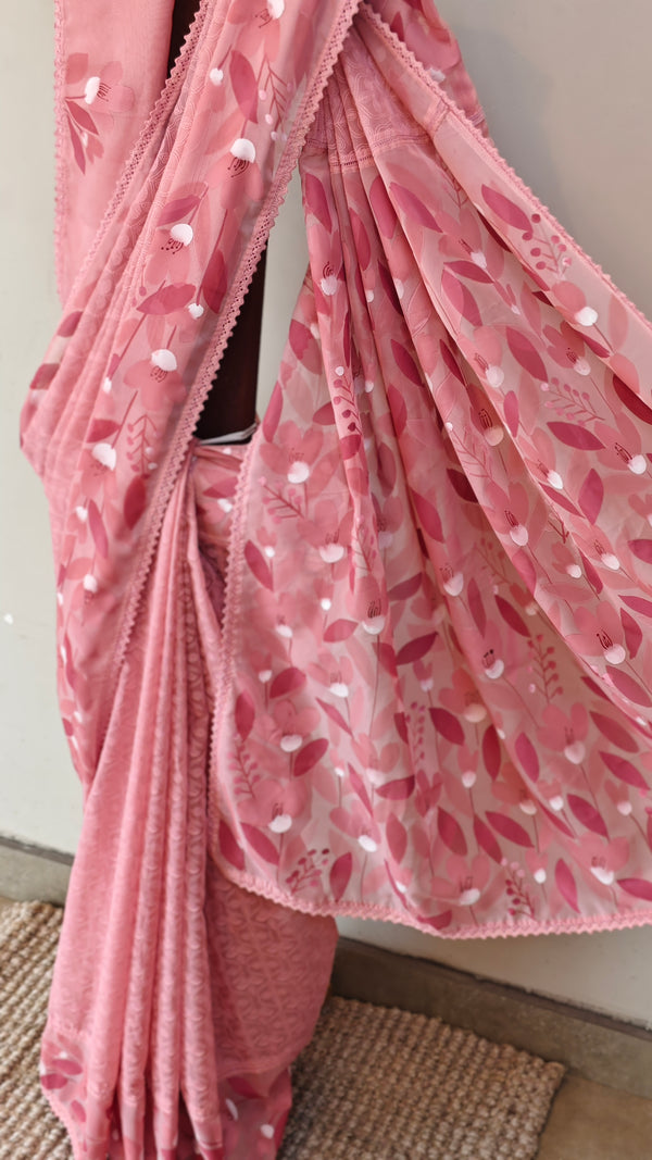 Pink organza saree - tepchi embroidery and printed pallu