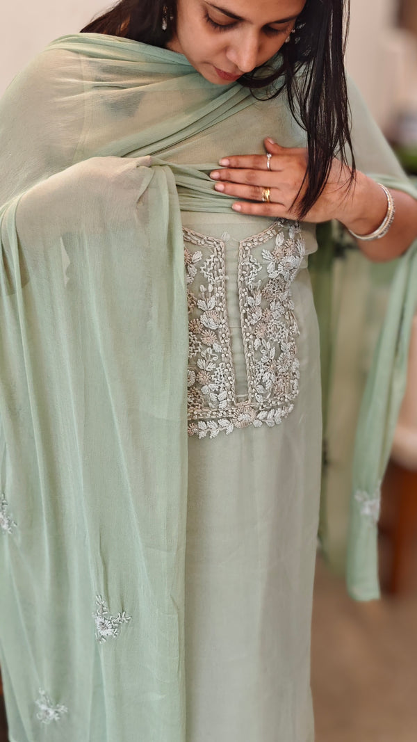 Mint green organza suit - embroidered yoke and dupatta