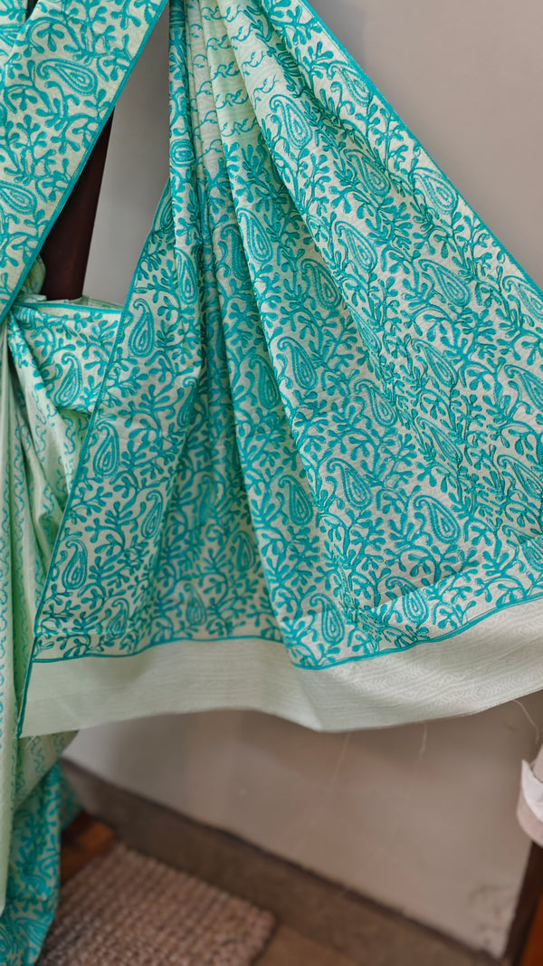 Aqua green matka cotton saree with aari embroidery