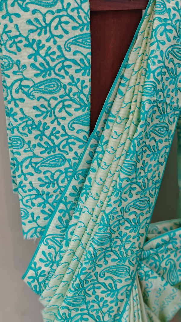 Aqua green matka cotton saree with aari embroidery