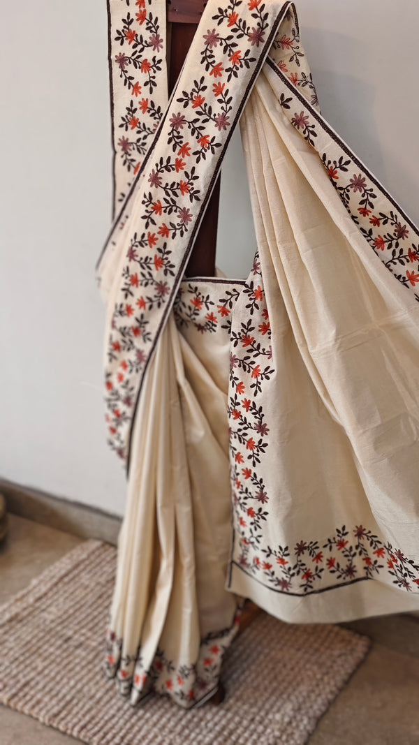 Light beige moonga kota embroidered saree