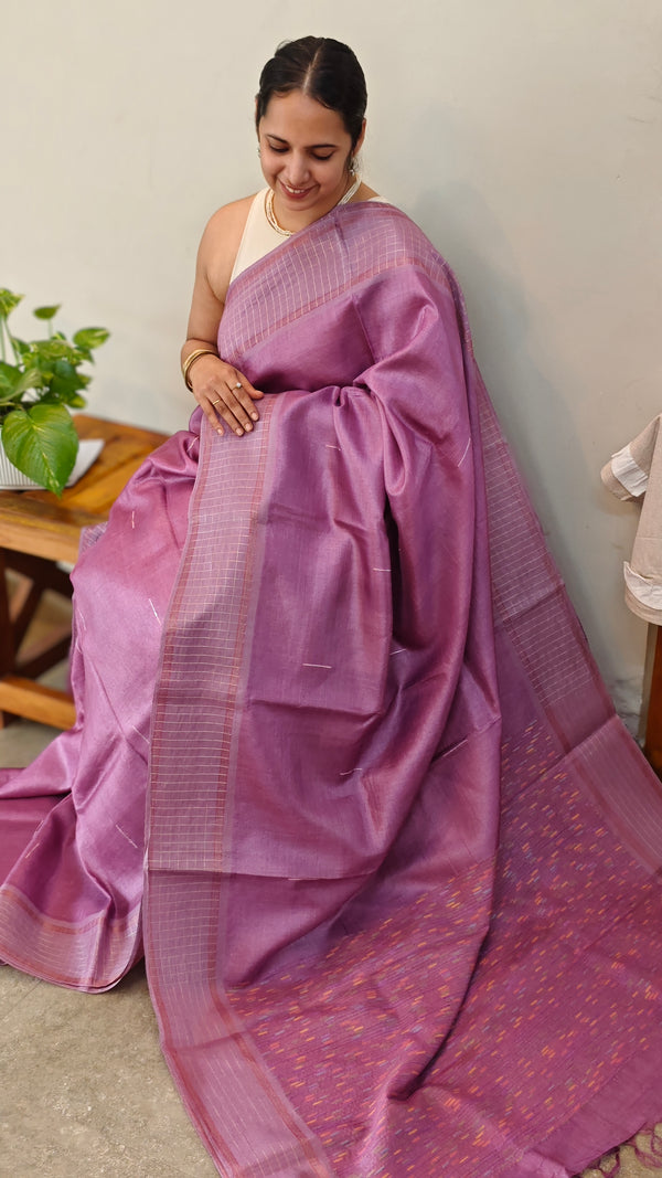 LT12 - Lilac tussar silk saree with checked borders
