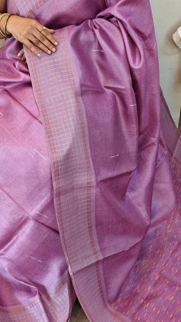 LT12 - Lilac tussar silk saree with checked borders
