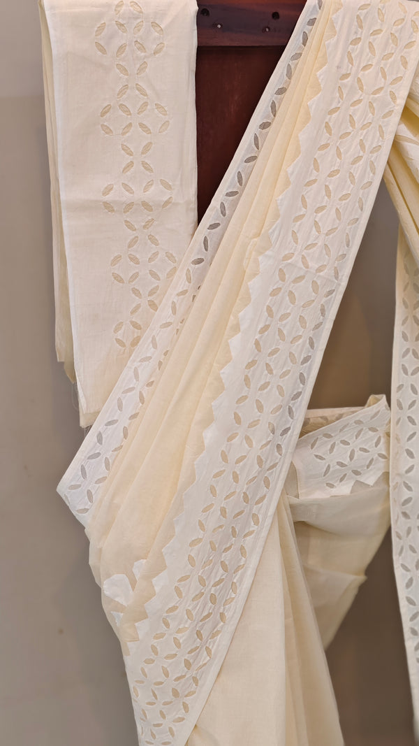 Cream shade - Cotton applique on organdy saree