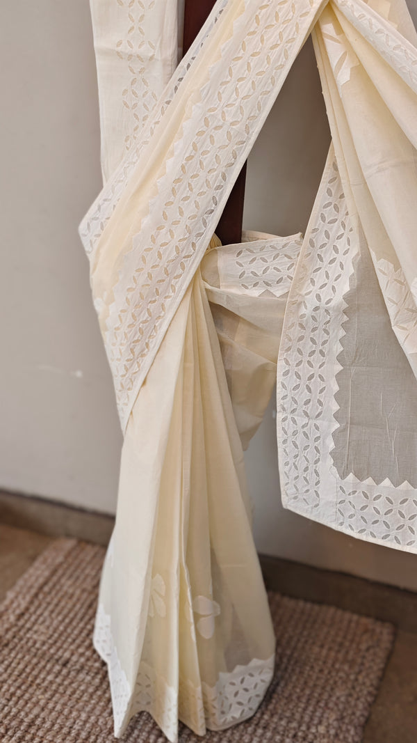 Cream shade - Cotton applique on organdy saree