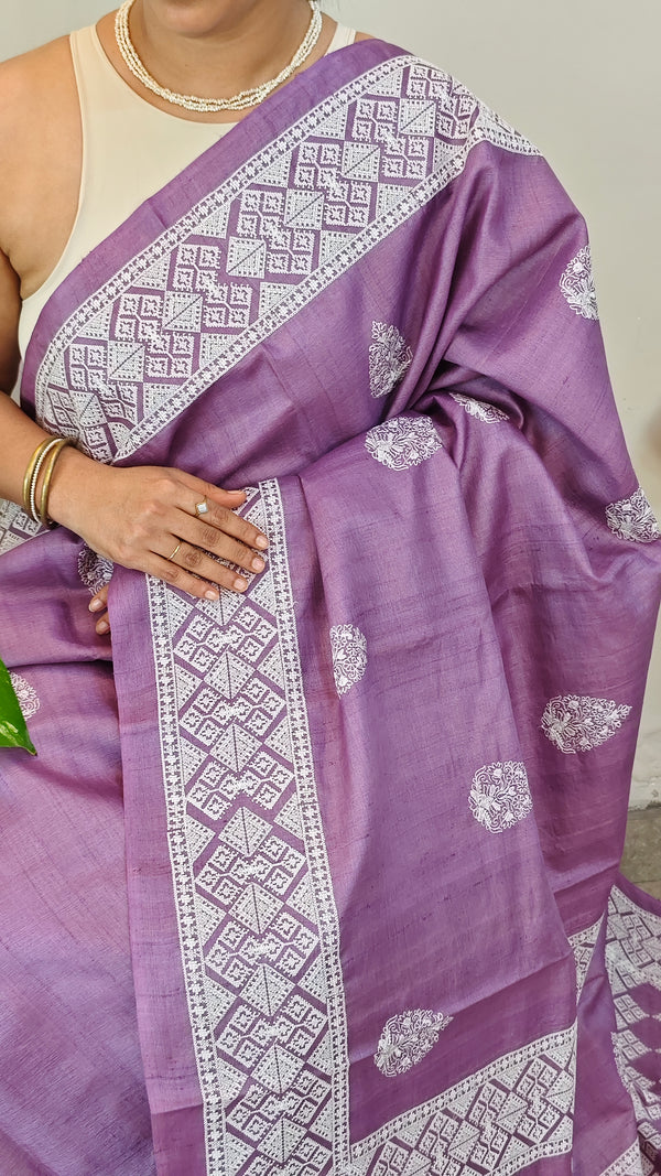 Orchid shade desi tussar silk saree with cross stitch embroidery