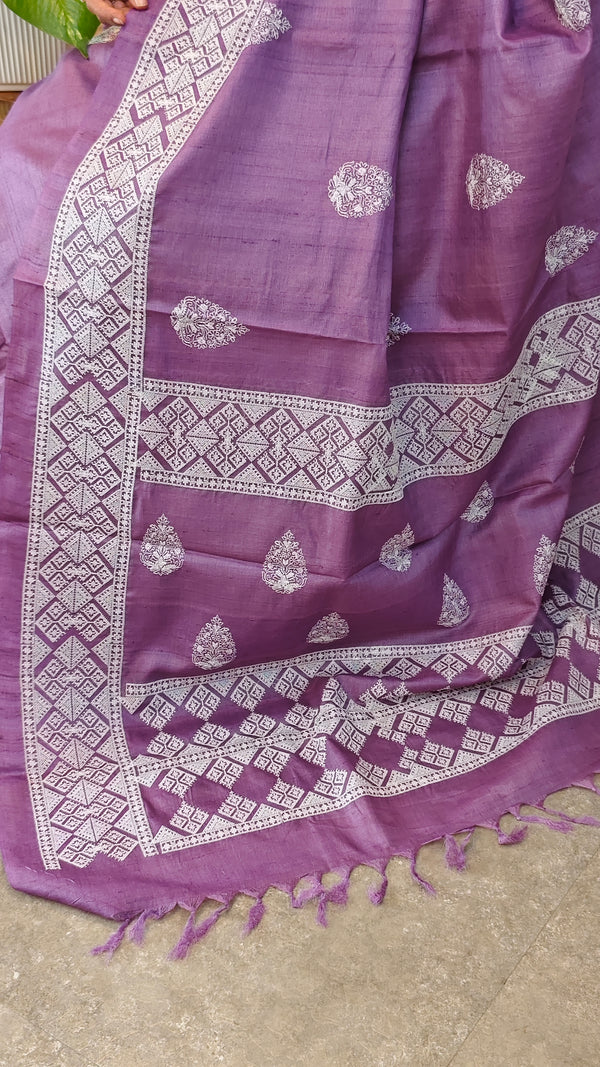 Orchid shade desi tussar silk saree with cross stitch embroidery