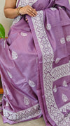 Orchid shade desi tussar silk saree with cross stitch embroidery