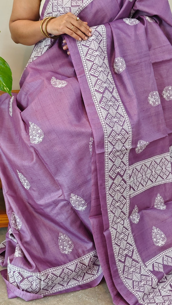 Orchid shade desi tussar silk saree with cross stitch embroidery