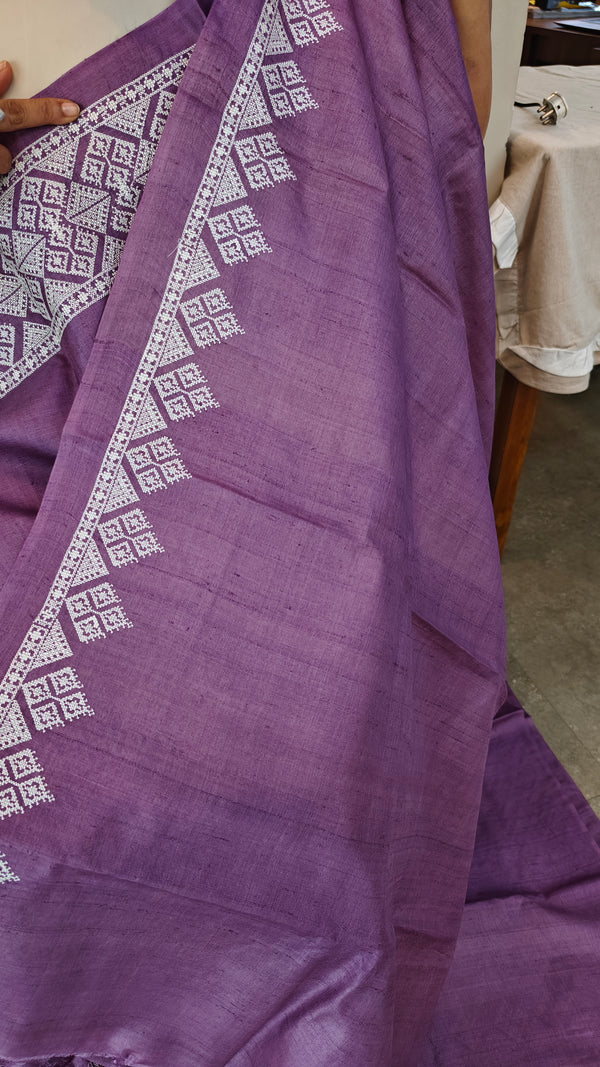 Orchid shade desi tussar silk saree with cross stitch embroidery