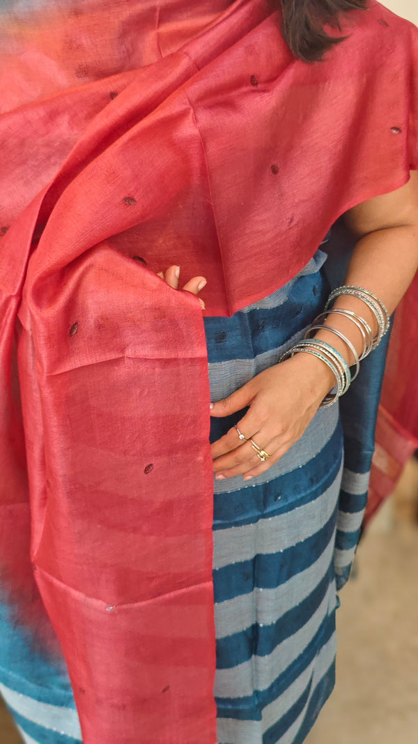 Blue and red tussar silk suit