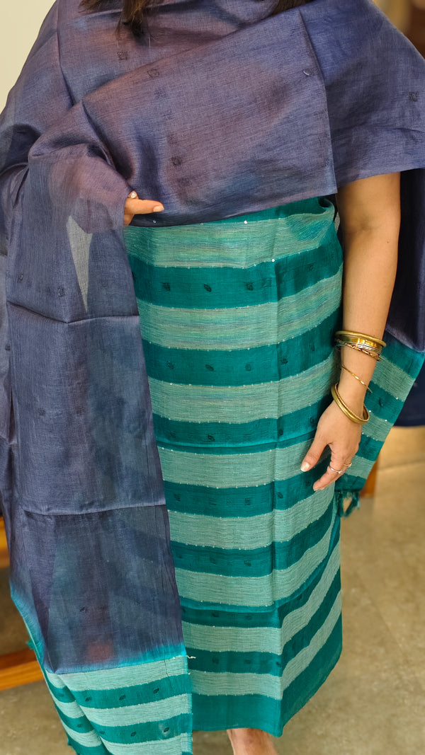 Blue and green tussar silk suit