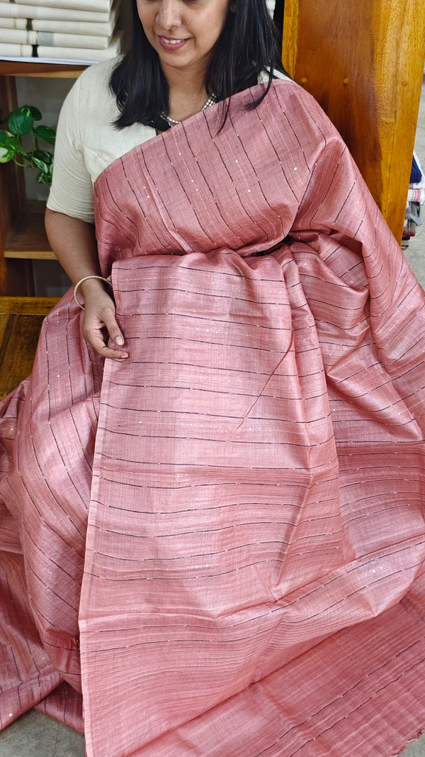 Blush pink woven tussar silk saree - 2490SM