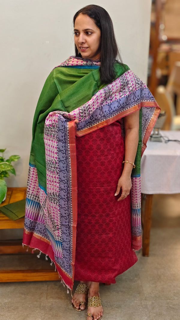 Maroon block printed noil tussar silk suit