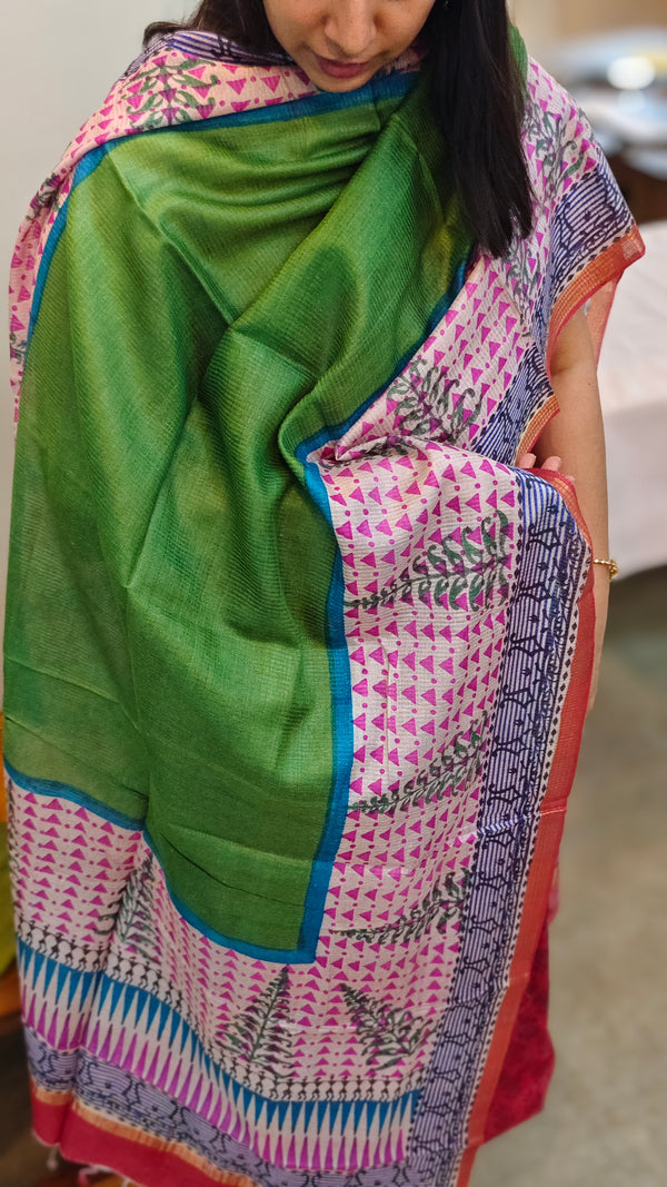 Maroon block printed noil tussar silk suit