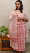 Pink block print cotton suit with chiffon dupatta