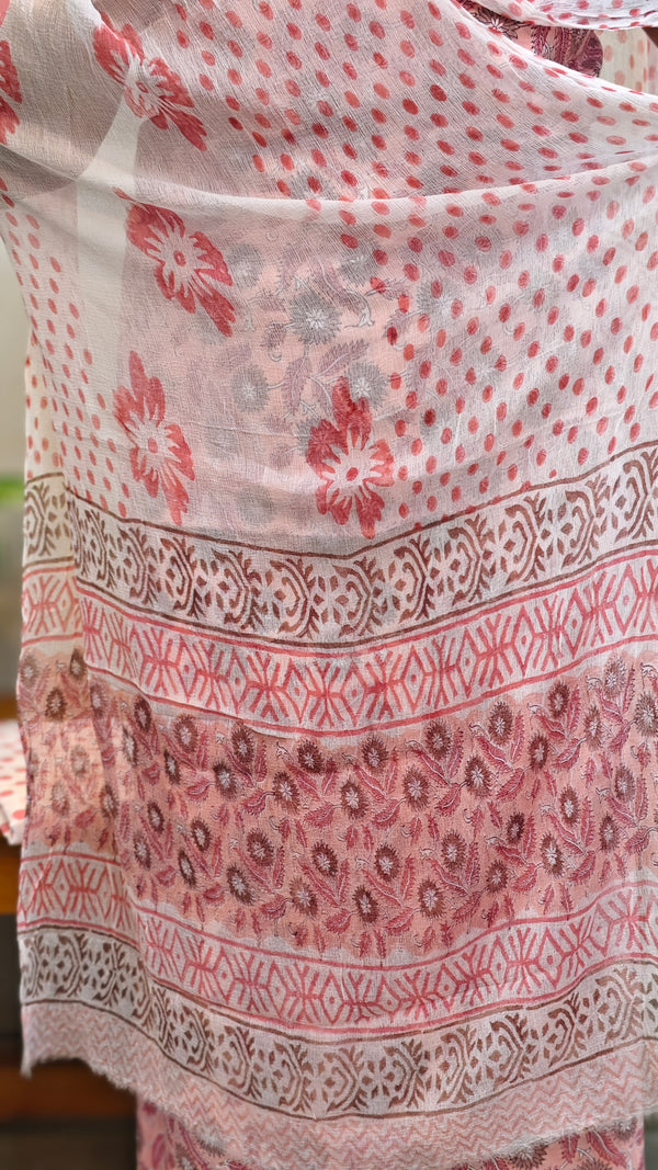 Pink block print cotton suit with chiffon dupatta