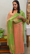 Peach and green block print suit