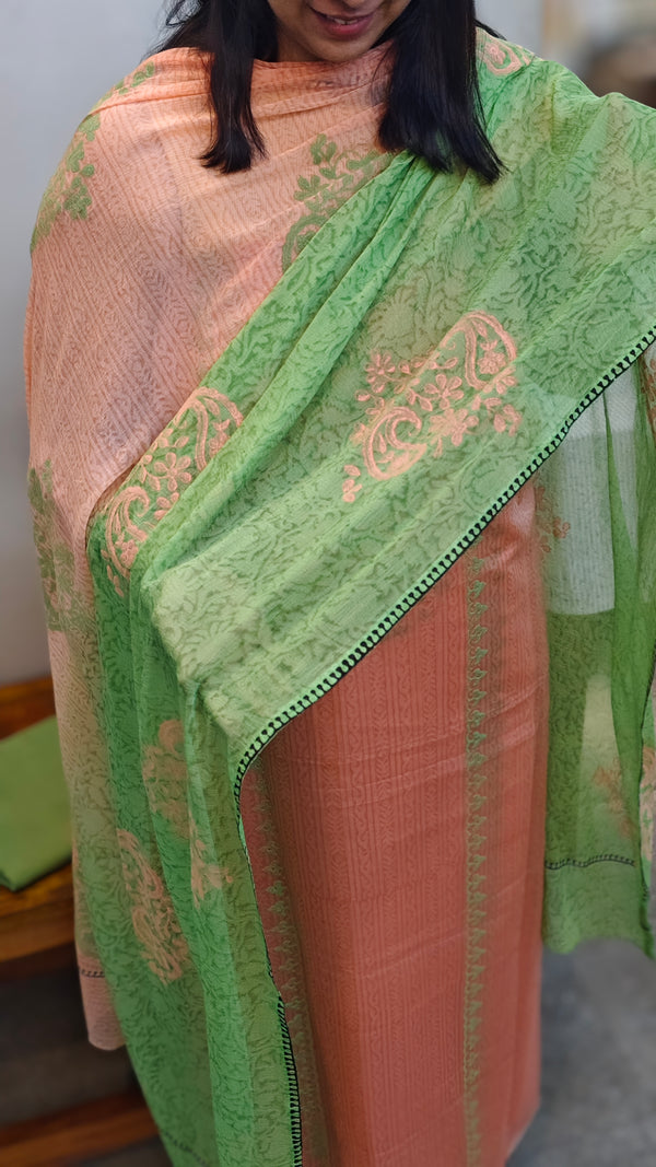 Peach and green block print suit