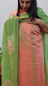 Peach and green block print suit