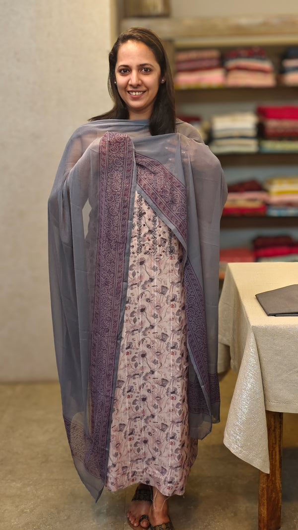 Printed linen cotton suit with bead work