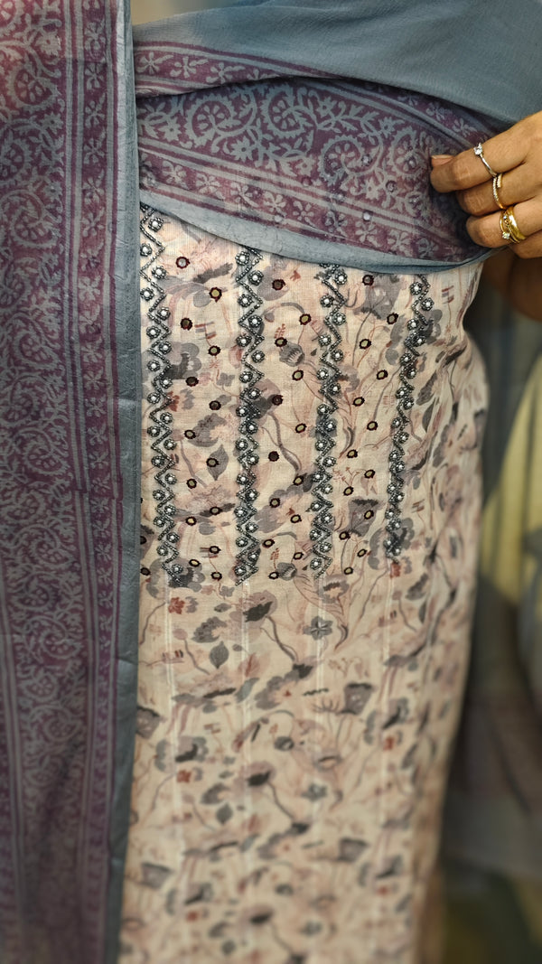 Printed linen cotton suit with bead work