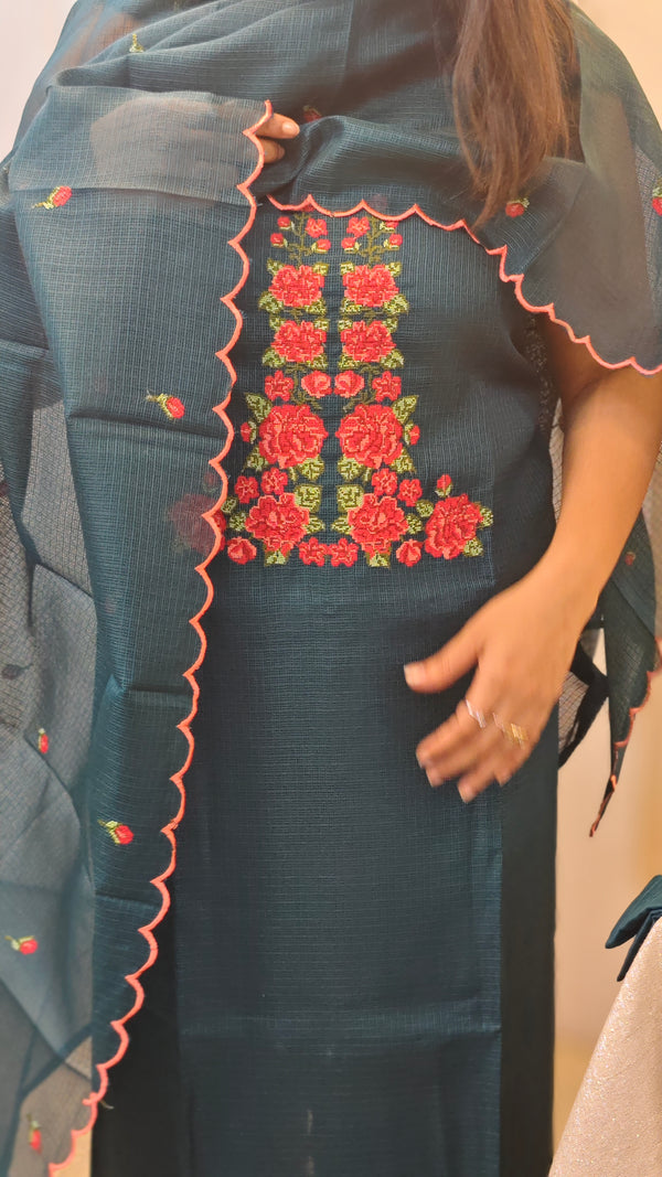 Turquoise Net kota suit with cross stitch embroidery