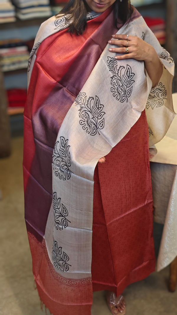 Red Block printed Tussar silk suit