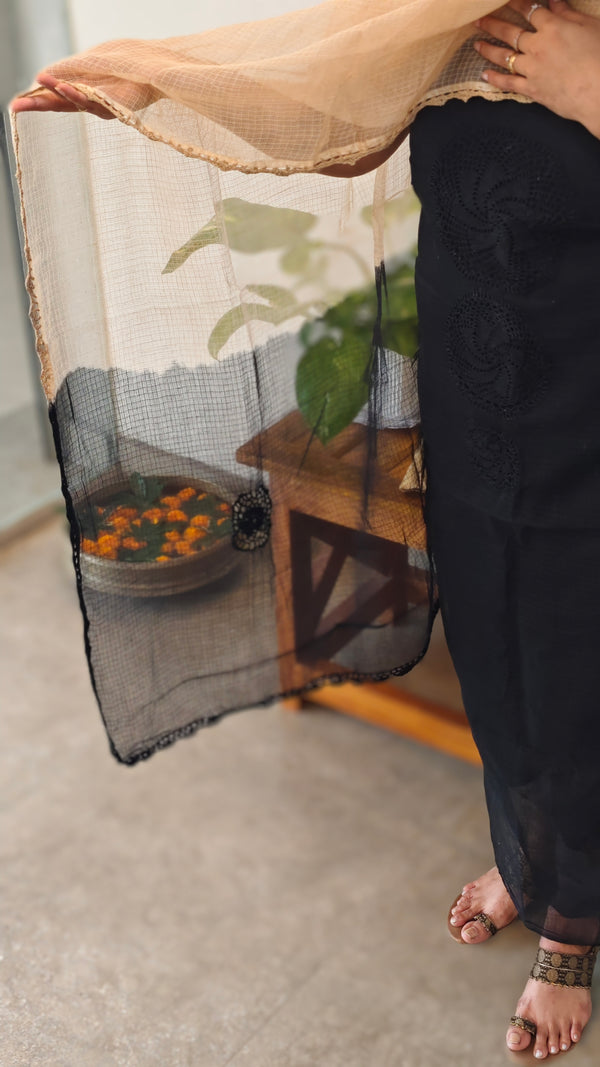Black cotton kota suit with crochet work