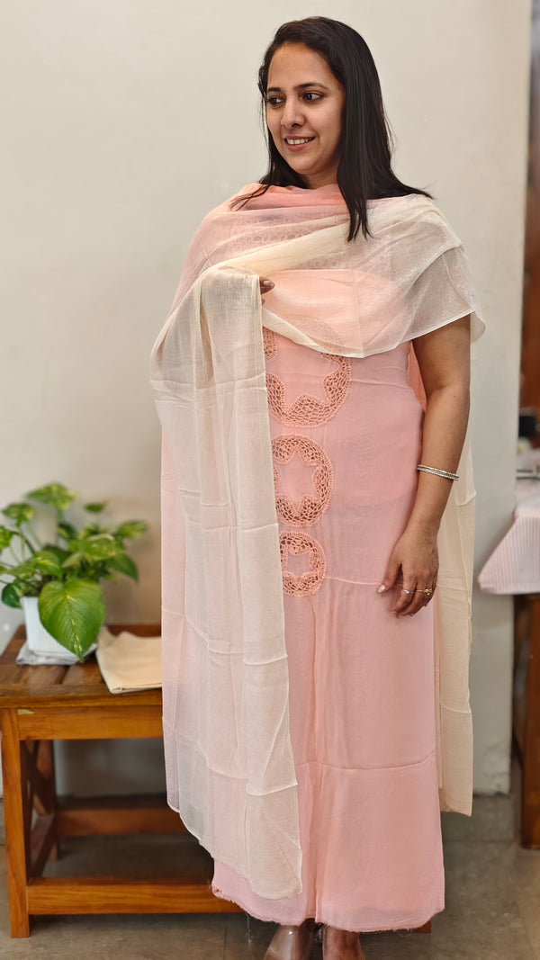 Light pink Georgette suit with crochet work