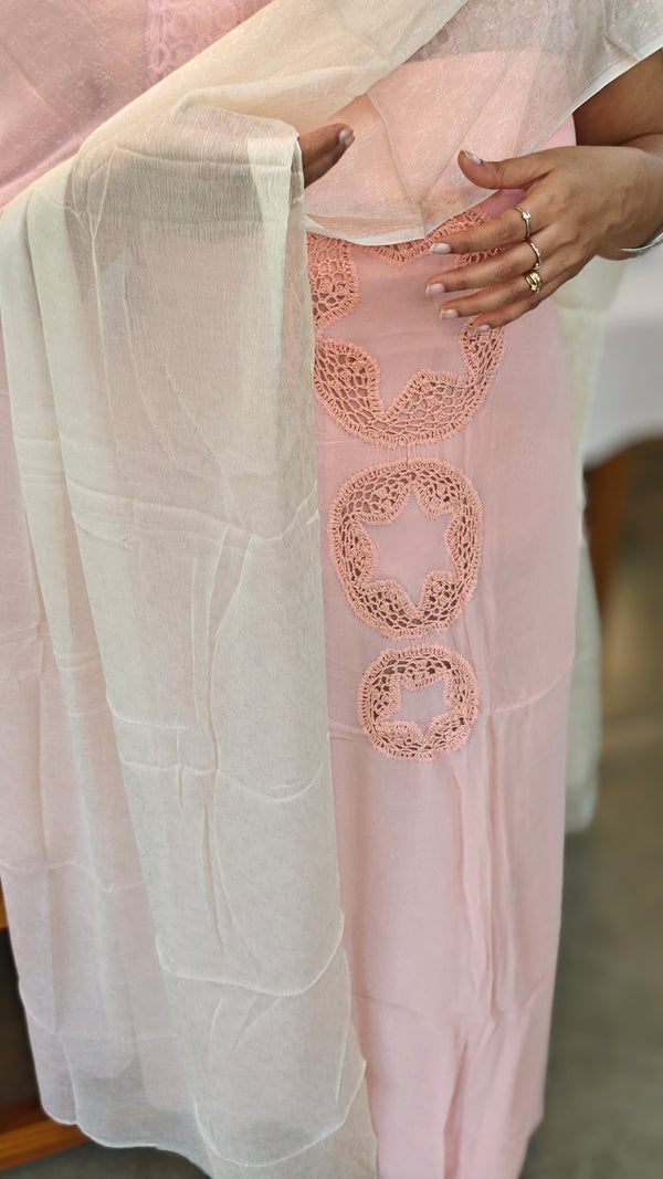 Light pink Georgette suit with crochet work