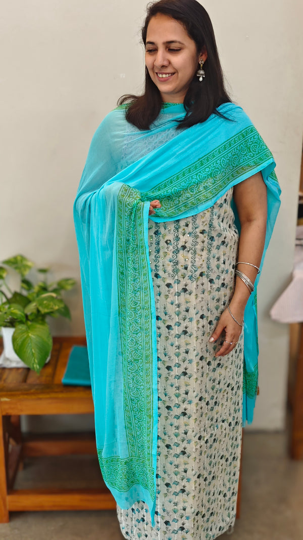 Printed Linen cotton suit with Bead work