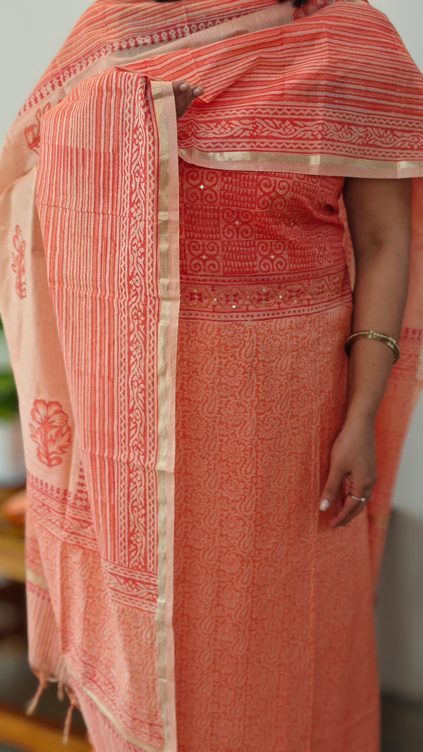 Orange Chanderi Block printed suit