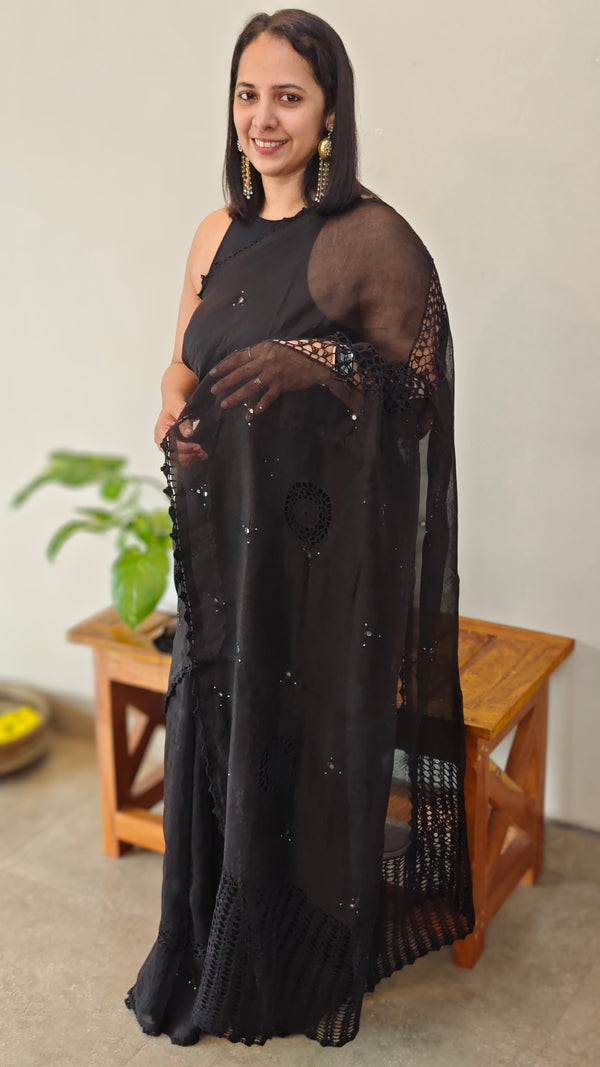 Black Cotton Kota saree with Crochet work