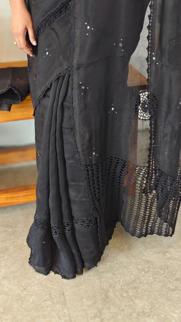 Black Cotton Kota saree with Crochet work