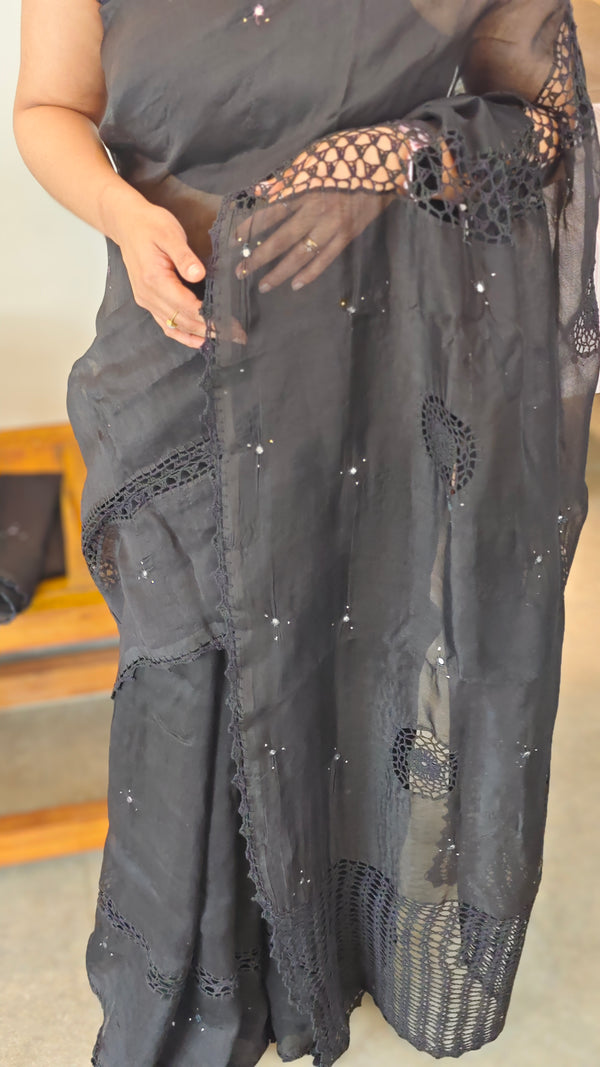 Black Cotton Kota saree with Crochet work