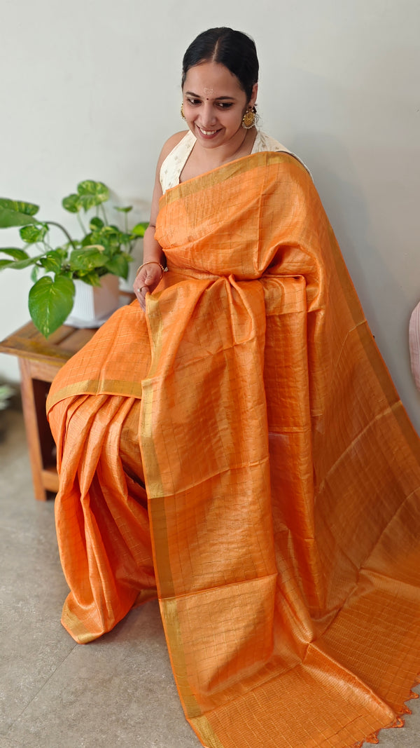 Amber shade Check Tussar silk saree