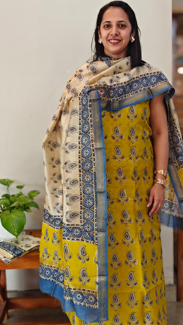 R521 - Mustard and blue Maheshwari silk suit