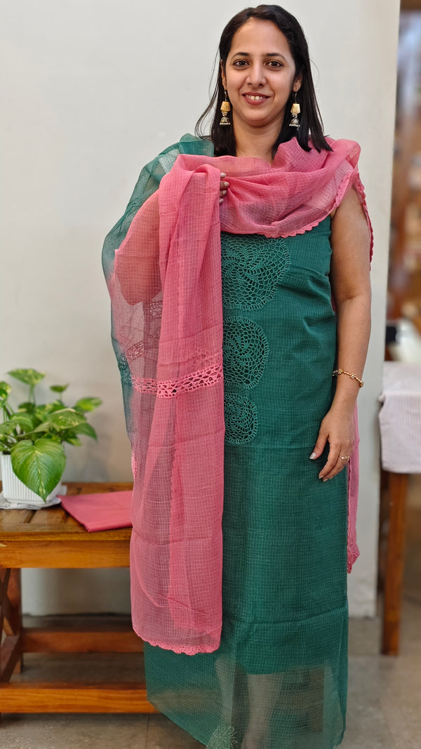 Green and Pink Net Kota suit with Crochet Work