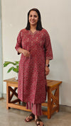 Maroon printed cotton V neck kurti set