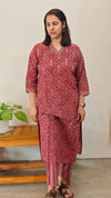 Maroon printed cotton V neck kurti set