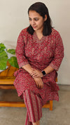Maroon printed cotton V neck kurti set