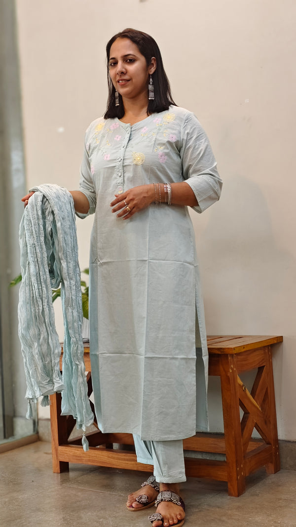 Powder blue embroidered cotton kurti set