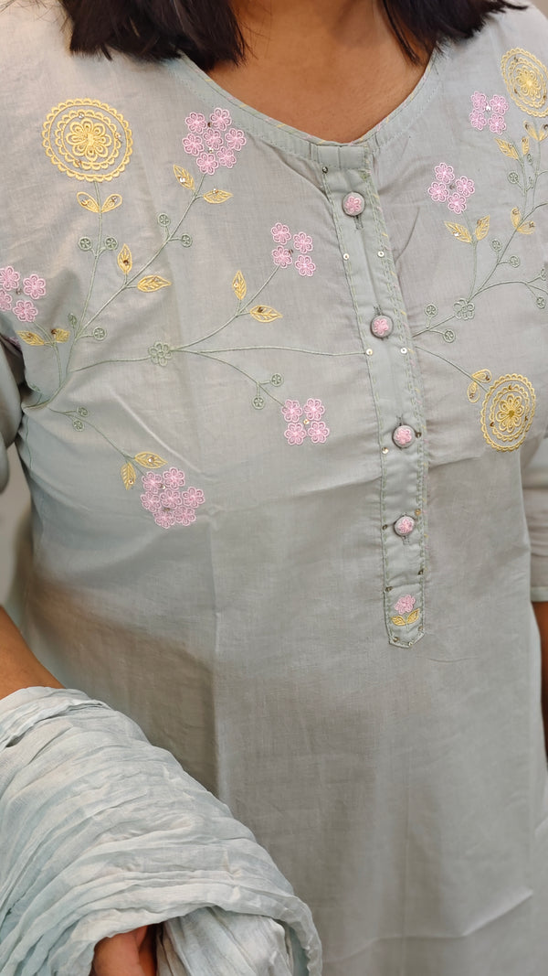 Powder blue embroidered cotton kurti set