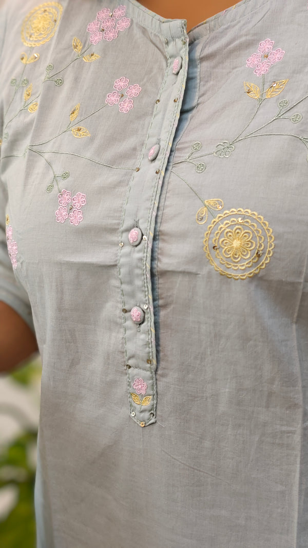Powder blue embroidered cotton kurti set