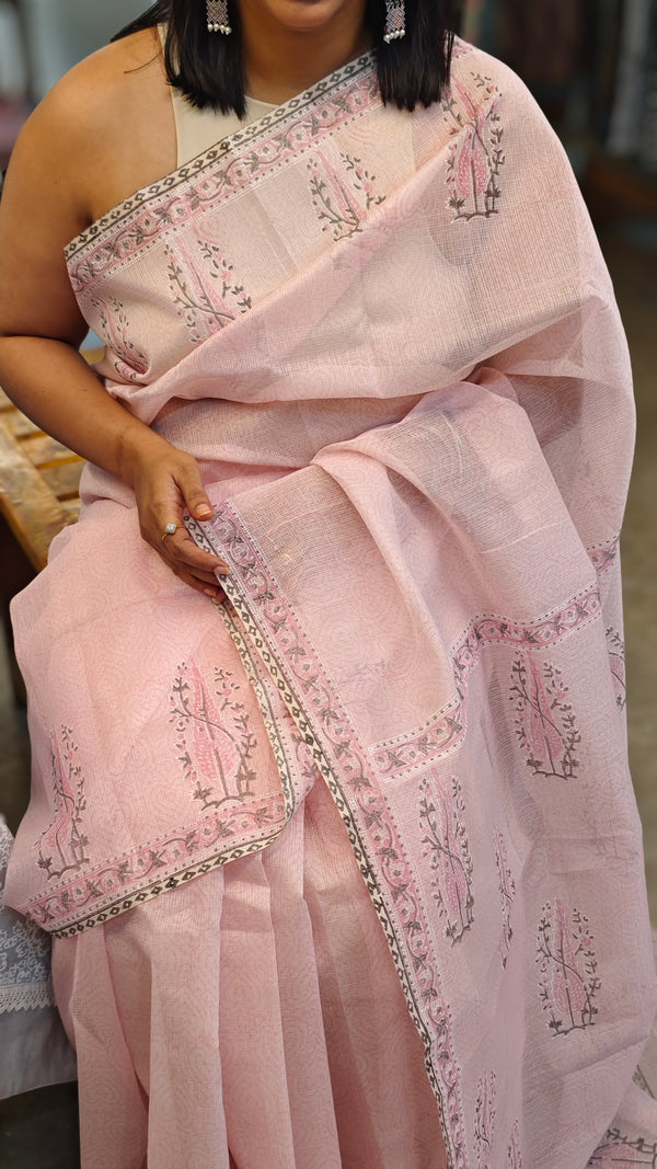Light pink block printed net kota saree