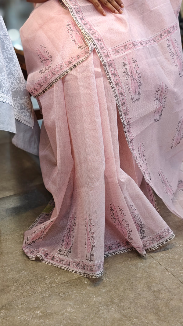 Light pink block printed net kota saree