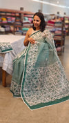 Teal and off white block printed net kota saree
